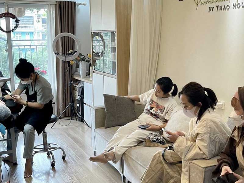 comfortable waiting area for microblading touch up near me in hanoi