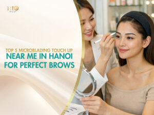 artist performing microblading touch up near me for perfect brows in hanoi