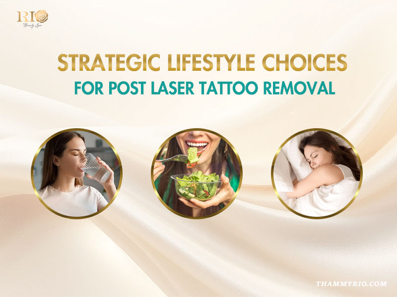 Infographic showing lifestyle habits for aftercare for tattoo laser removal including hydration, healthy diet and sleep.