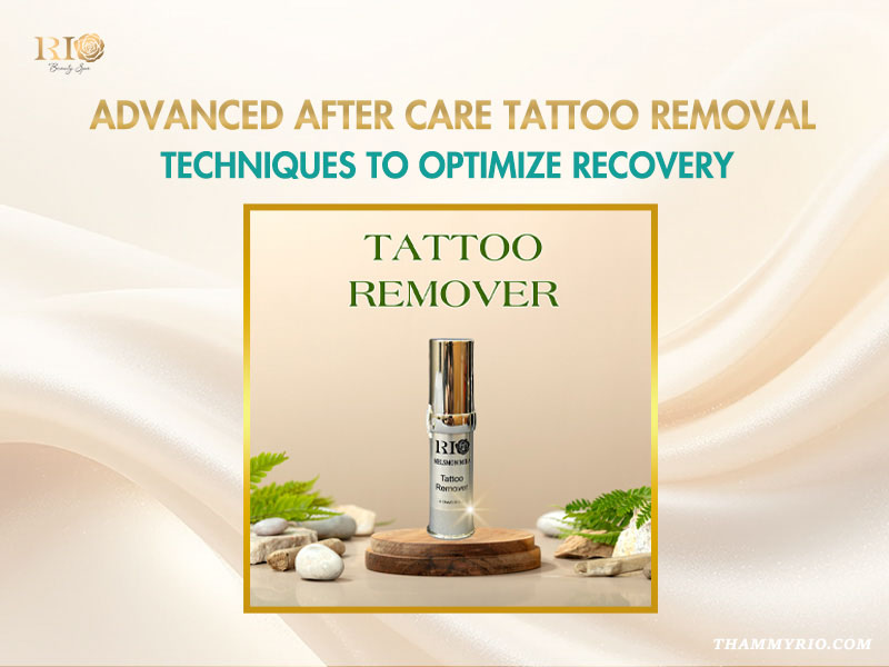 Specialized Rio Tattoo Remover serum on a wooden pedestal for advanced aftercare for tattoo laser removal.
