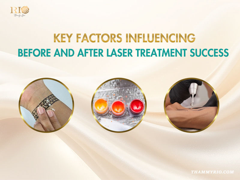 Infographic showing key factors for before and after laser treatment success including ink type and skin reaction.