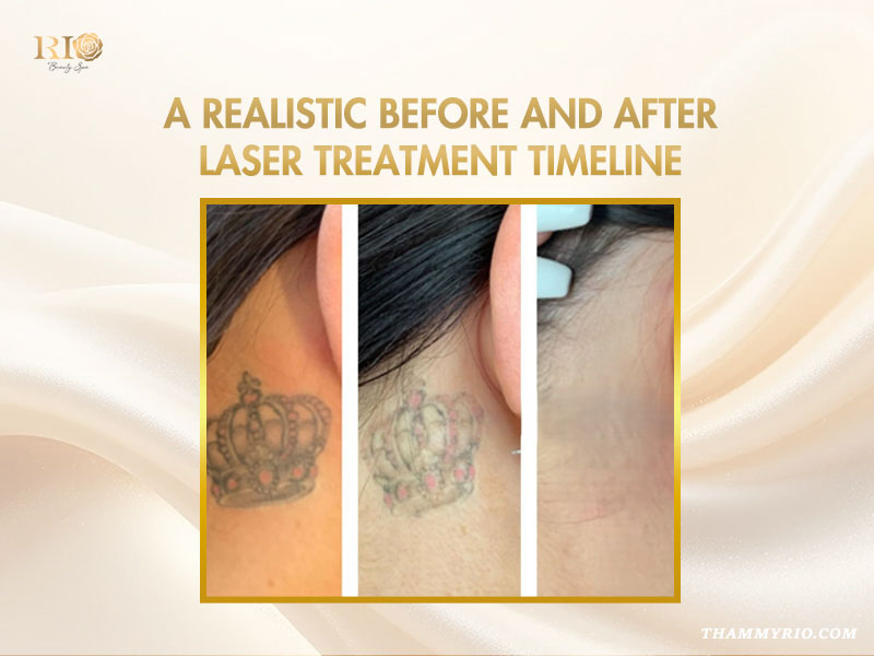 Realistic before and after laser treatment timeline for crown tattoo removal behind the ear.
