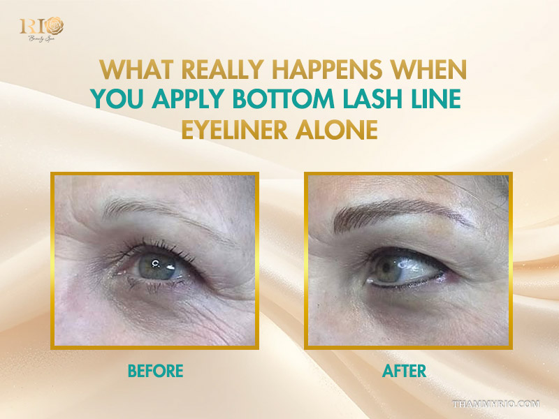 Before and after comparison of a client using bottom eyeliner only to define the eyes.