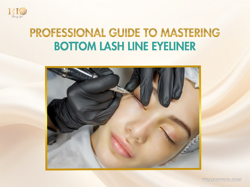 Professional technician performing bottom eyeliner only tattoo procedure on a client.