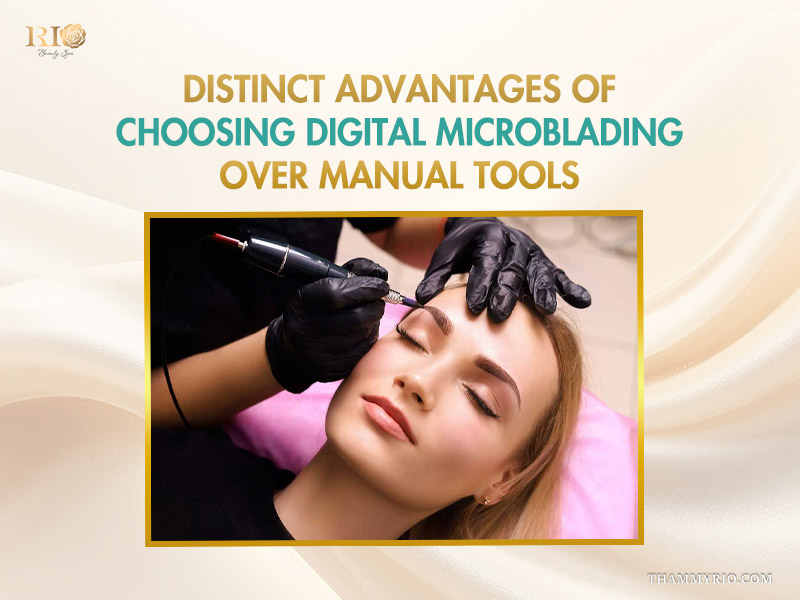 Professional technician using a specialized machine for digital microblading to create precise hair strokes.