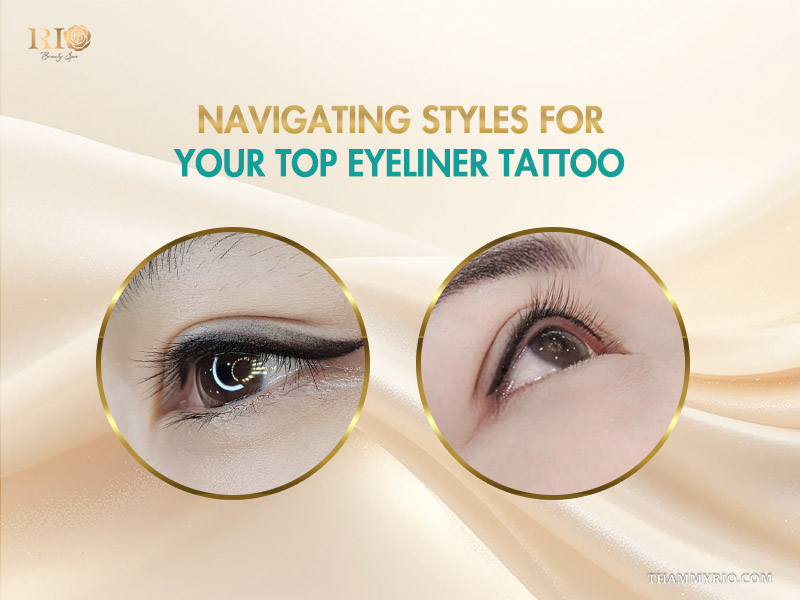 Two close up views showing different styles of eye makeup tattoo on upper eyelids