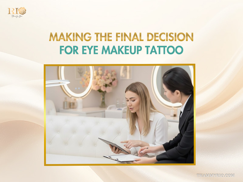 Client and consultant reviewing eye makeup tattoo designs on a tablet at Rio Beauty Spa