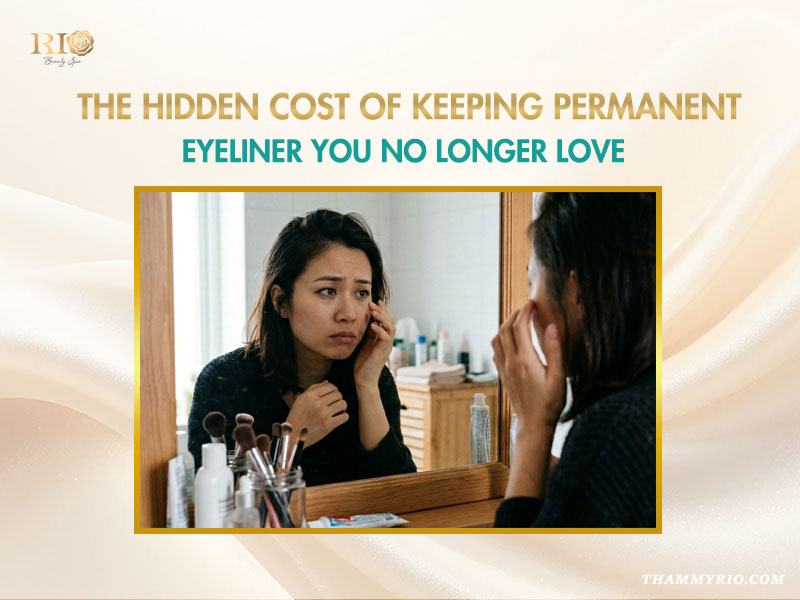 Woman looking distressed in mirror at Rio Beauty Spa, realizing hidden costs of old permanent eyeliner.