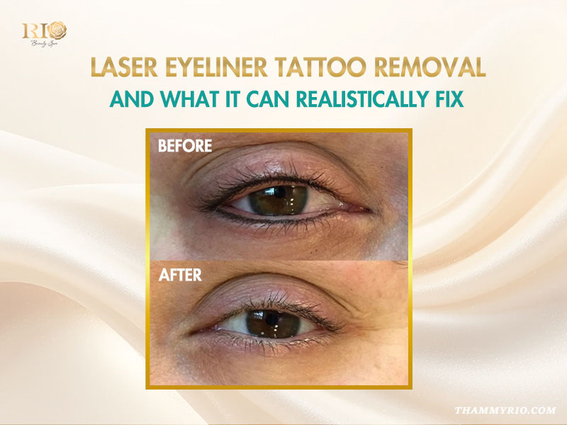 Before and after photos showcasing effective laser eyeliner tattoo removal from Thammyrio.com.