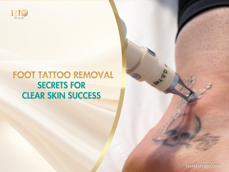 Close-up of a laser device performing foot tattoo removal on a skull ink design.