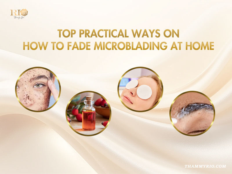 A woman applying exfoliating scrub and rosehip oil to fade microblading at home.