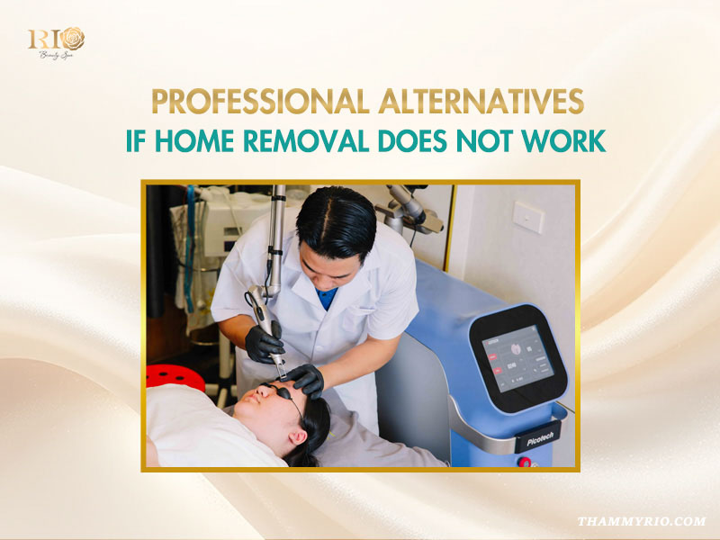 A professional laser technician performing eyebrow tattoo removal for a client.