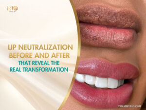 Lip neutralization before and after banner showing the real transformation from dark brown lips to a smooth plum pink tone.