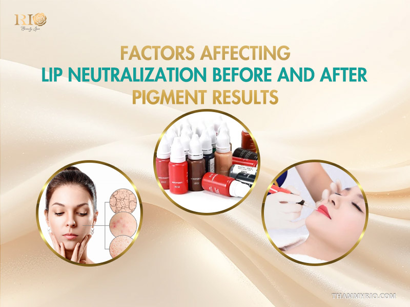 Infographic about factors affecting [lip neutralization before and after] pigment results with skin condition, ink, and technique.