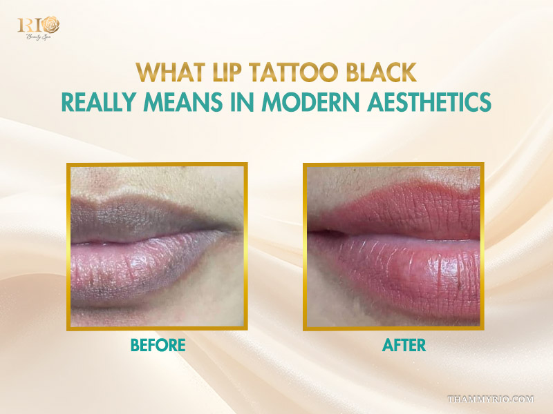 Before and after results of treating lip tattoo black showing transition from dark pigmented lips to rosy pink