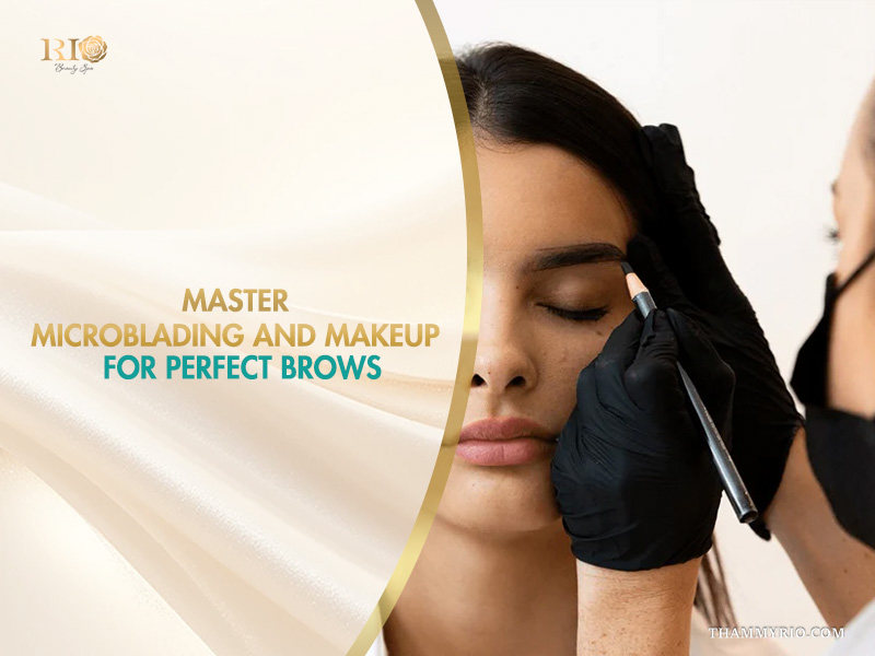 Professional artist performing microblading and makeup for perfect brows on a female client.