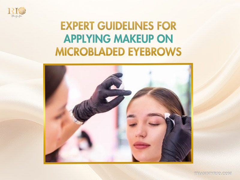 Expert beautician providing guidelines for applying makeup on microbladed eyebrows for a client.