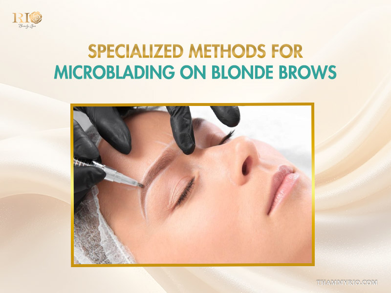 Technician performing professional microblading blonde brows with specialized tools at Rio Beauty Spa.