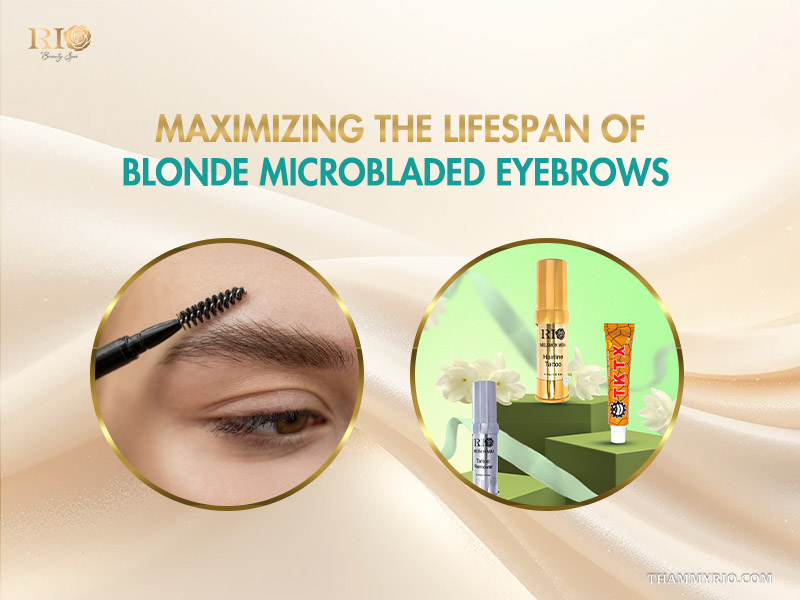 Close-up of microblading blonde brows process and professional aftercare products by Rio Beauty Spa.
