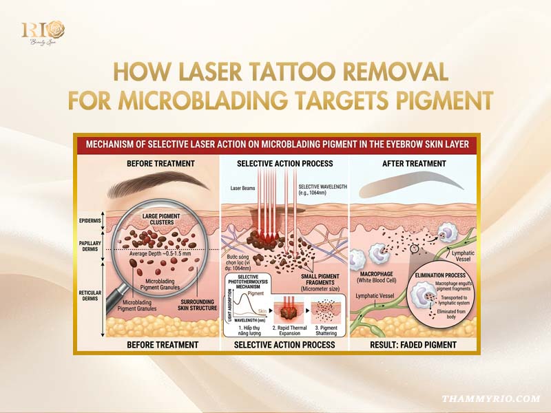 Diagram showing how microblading laser removal targets and shatters eyebrow pigment particles.