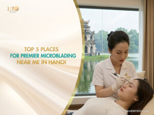 Professional brow artist performing microblading near me at a luxury spa in Hanoi with a view of Hoan Kiem lake.