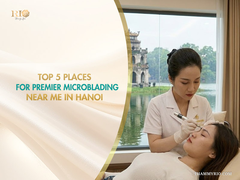 Professional brow artist performing microblading near me at a luxury spa in Hanoi with a view of Hoan Kiem lake.
