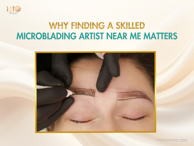 A skilled artist performing professional microblading near me to create natural hair-like eyebrow strokes at Rio Beauty Spa.
