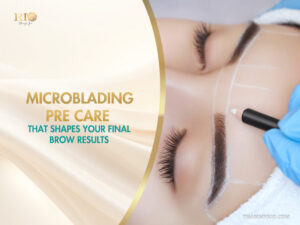 Microblading pre care illustration showing brow mapping process at Rio Beauty Spa