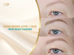 Real results of nano brows after 1 year showing hair stroke retention and natural color fading over time.