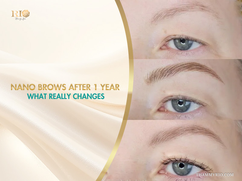 Real results of nano brows after 1 year showing hair stroke retention and natural color fading over time.