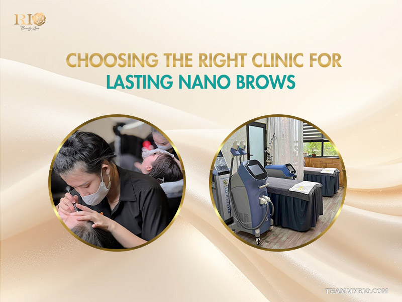 Professional technician performing nano brows after 1 year maintenance for a client at a modern clinic