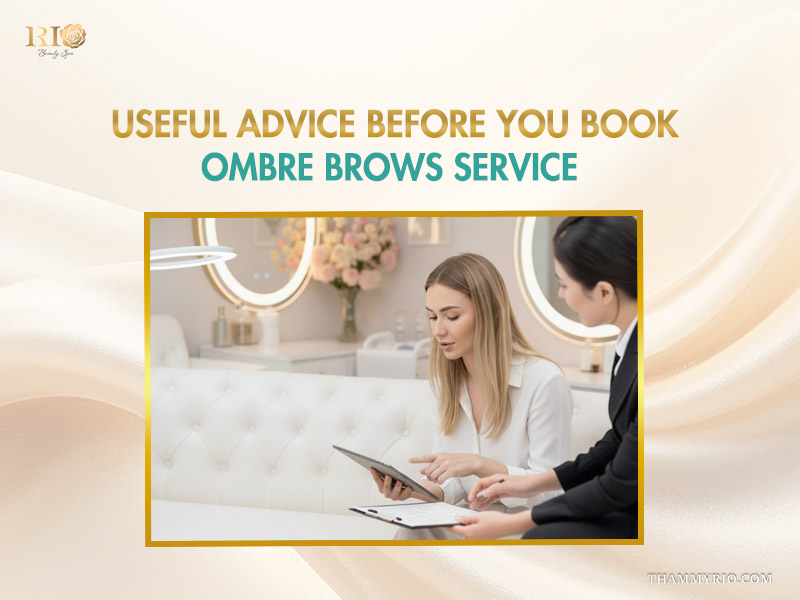 A beauty consultant providing useful advice about ombre brows service to a client in a luxury spa in Hanoi.