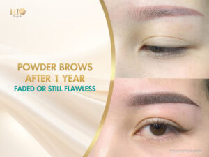 Close up of powder brows after 1 year showing faded reddish pigment versus fresh dark ombre results at Rio Beauty Spa