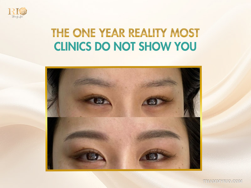 Real comparison of powder brows after 1 year showing natural faded ink and the professional retouching result