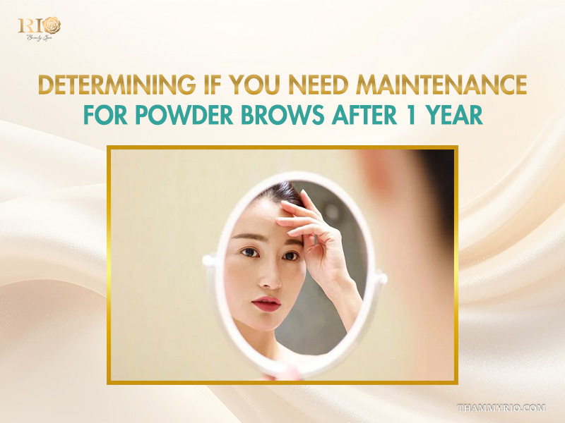 A woman checking her reflection in a mirror to evaluate the need for maintenance of powder brows after 1 year