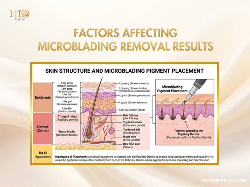 Factors affecting removal of microblading and skin structure diagram showing pigment placement in the papillary dermis.