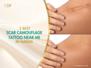 Split-screen image with a hand touching a visible scar and an after shot of scar camouflage tattoo near me in Hanoi.
