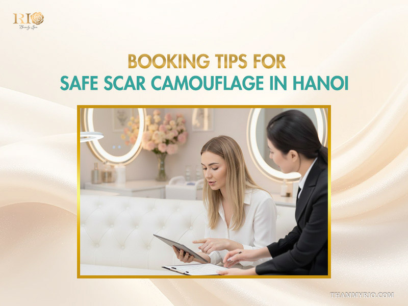 A consultant shows safe scar camouflage tattoo near me in Hanoi booking tips on a tablet at Rio Beauty Spa.