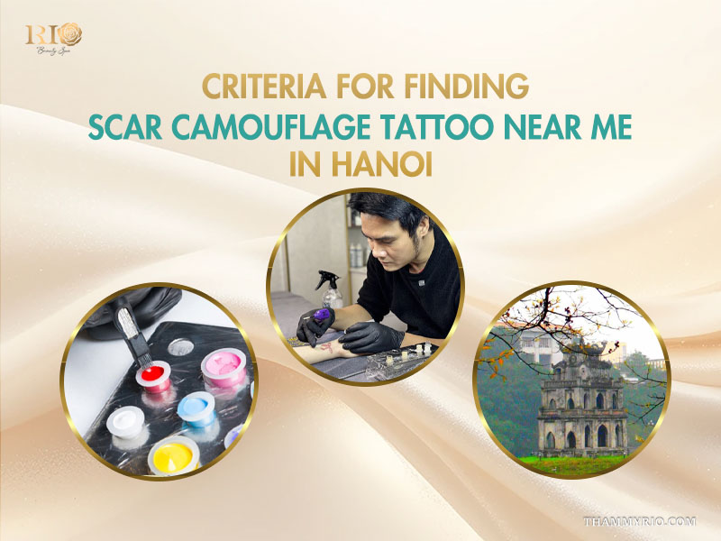 Infographic showing ink colors, a tattoo artist, and Hoan Kiem lake for scar camouflage tattoo near me in Hanoi.