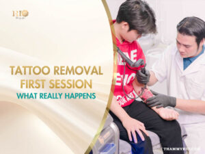 A technician performing the tattoo removal first session on a client's forearm rose tattoo.