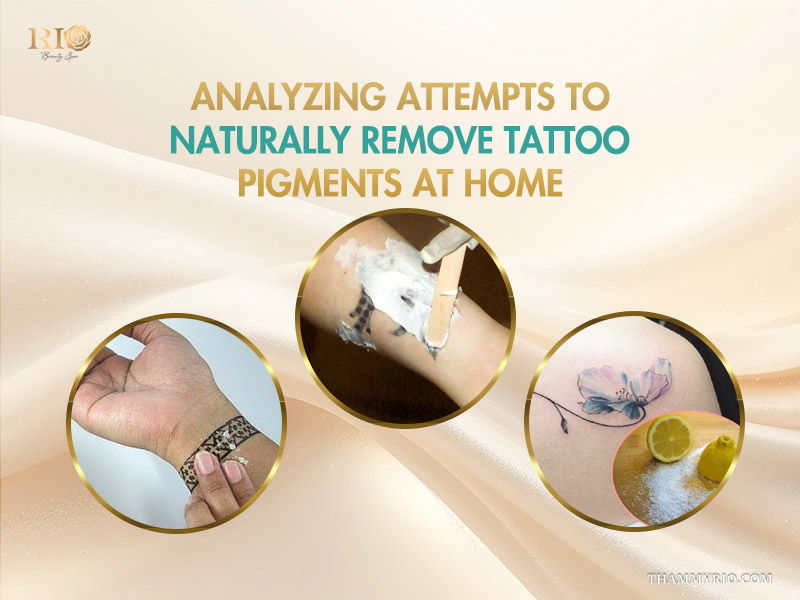 A collage showing various methods for tattoo removal natural at home using lemon, salt, and abrasive creams.