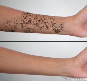 Before and after of successful tattoo removal on wrist for large floral design by Rio Beauty Spa.