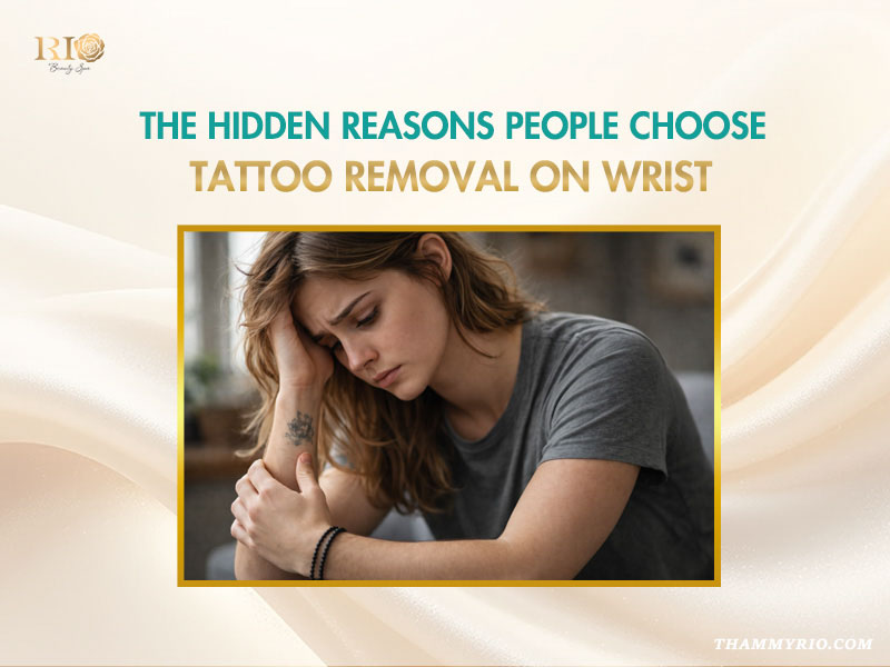 A woman looking concerned while touching a small flower tattoo on her inner wrist, illustrating the need for tattoo removal on wrist.