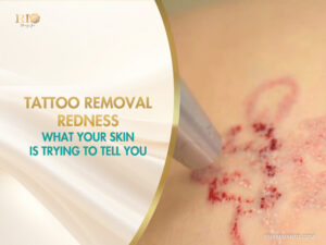 Close-up of tattoo removal redness and pinpoint bleeding during a laser treatment session.