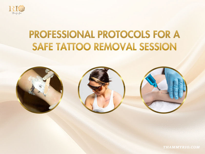Professional safety protocols for a tattoo removal session including numbing cream and eye protection.