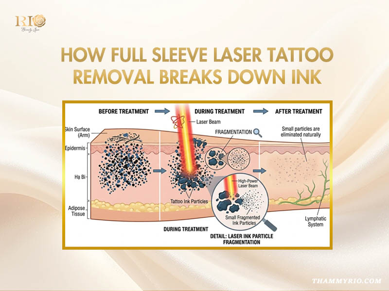 Diagram showing how laser tattoo sleeve removal breaks down ink particles in skin layers.