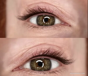 Detailed close up of a soft and natural upper eyeliner tattoo on green eyes