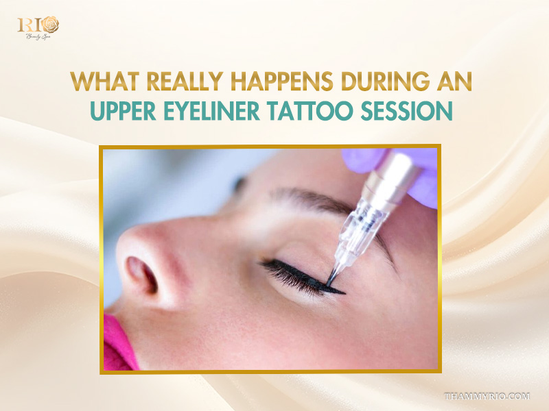 A professional performing an upper eyeliner tattoo procedure on a client at Rio Beauty Spa