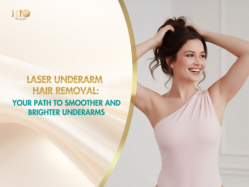 A smiling young woman raising her arms to show bright skin after laser underarm hair removal treatment.