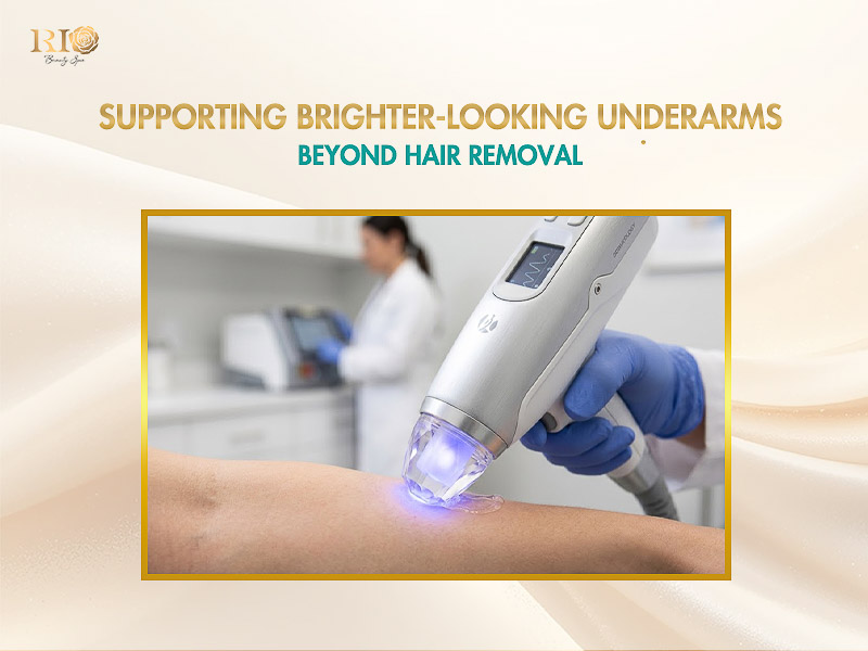 Close-up of a modern laser device with a Sapphire cooling head during a safe laser underarm hair removal session.